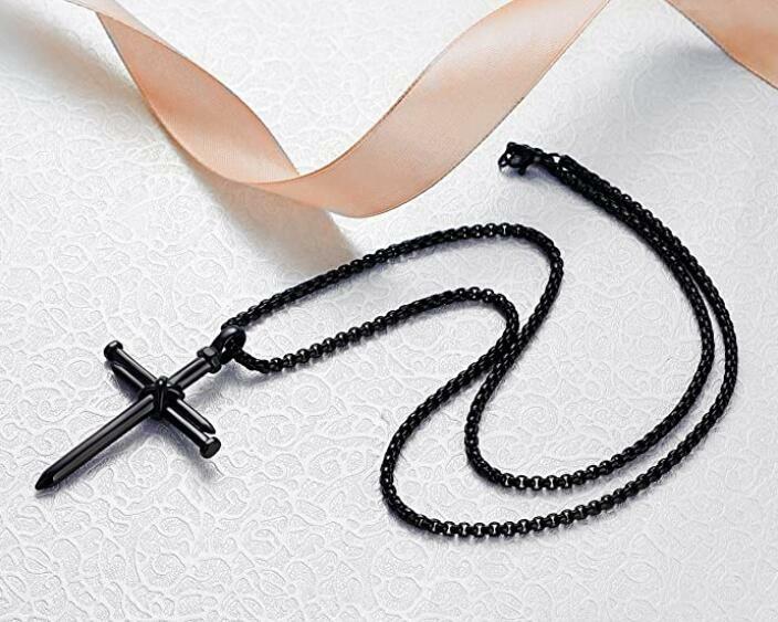 Black Stainless Steel Nail Cross Pendant Necklace For Men Boy 3mm 24” Box Chain