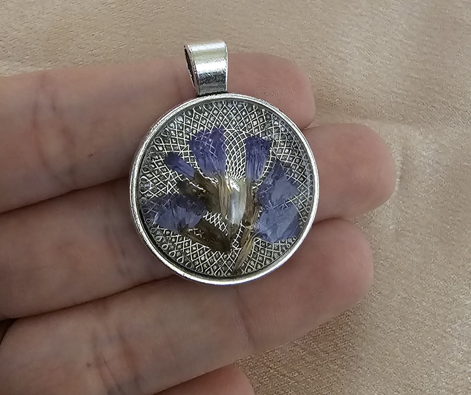 Real Purple Flower Resin Pendant Pressed Botanical on Silver Lattice Filigree