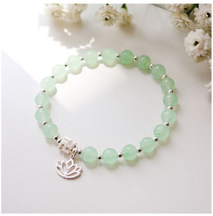 Natural White Jade Bracelet 6mm Mint Lotus Manji 925 Silver Zen Meditation Beads