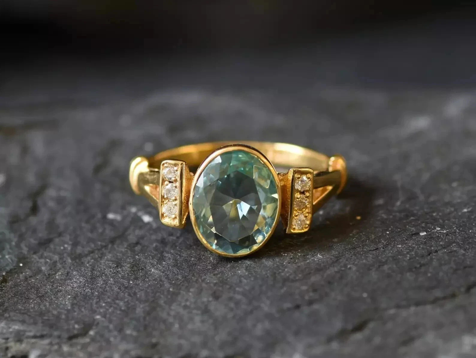 3.17 Ct Oval Cut Aquamarine Ring Diamond Engagement Ring 14K Yellow Gold