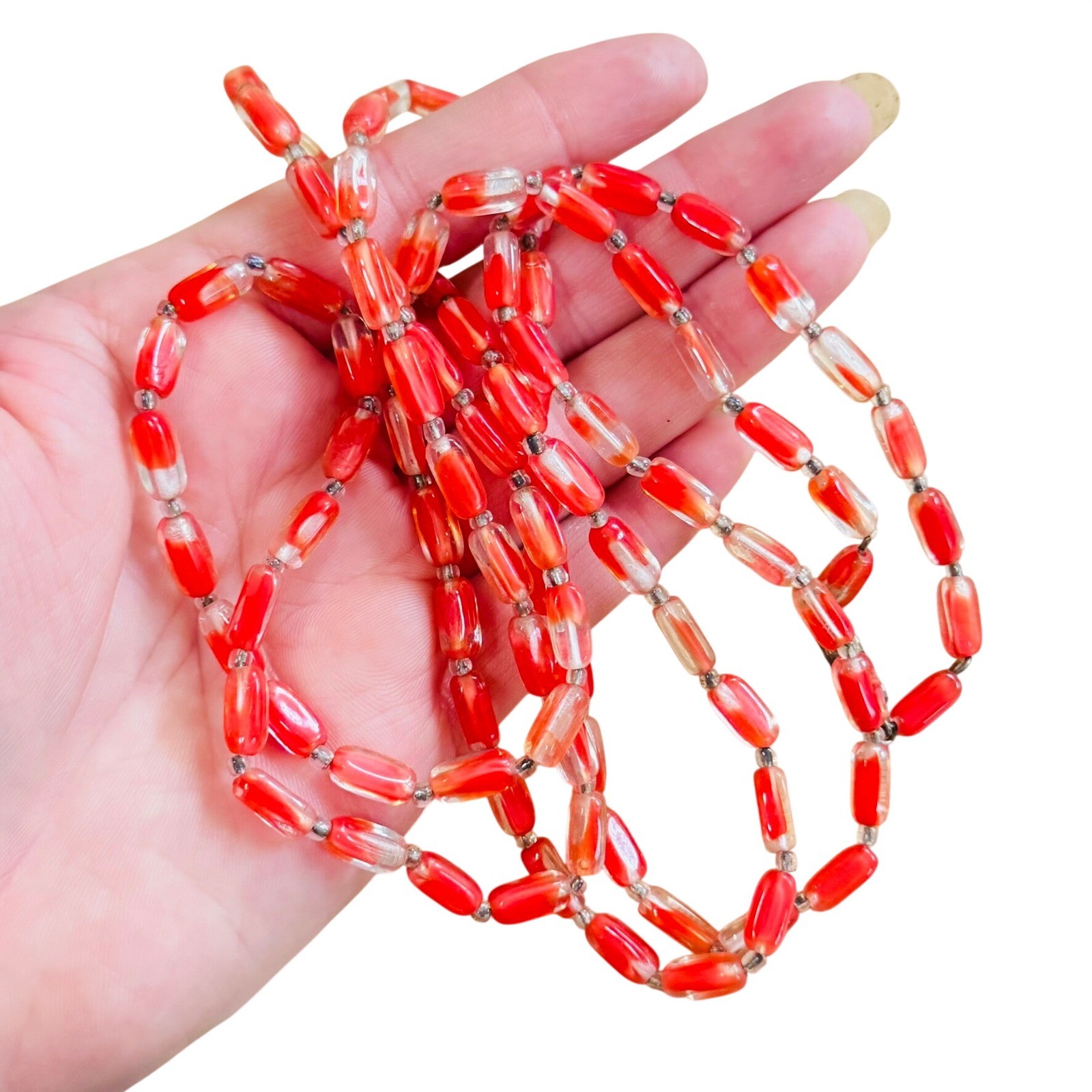 VTG Flapper Art Deco Czech Blood Red Orange Glass Necklace Retro long Beads 48″