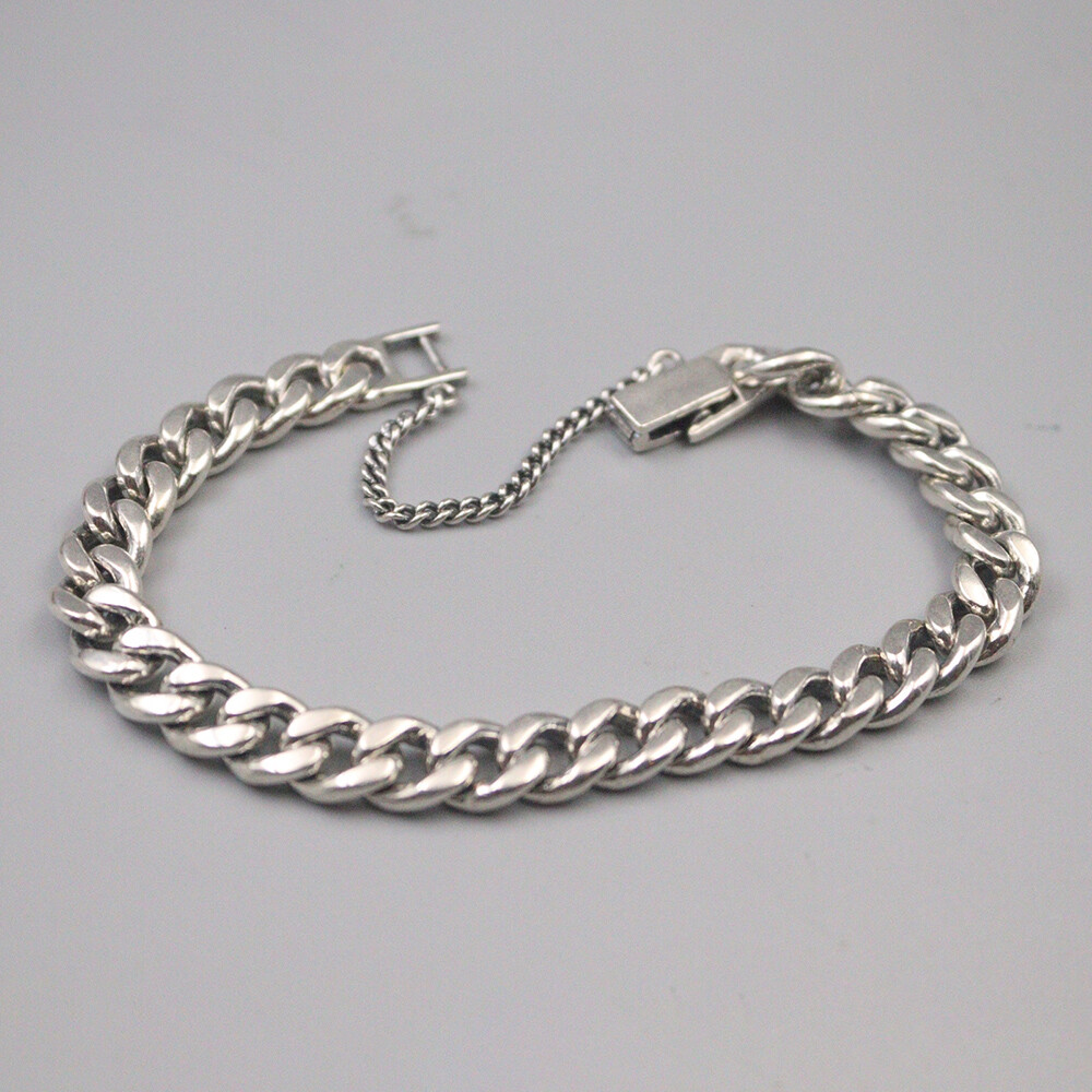 Pure S925 Sterling Silver Chain Men 8mm Curb Adjust Link Bracelet 34-35g 7.5inch