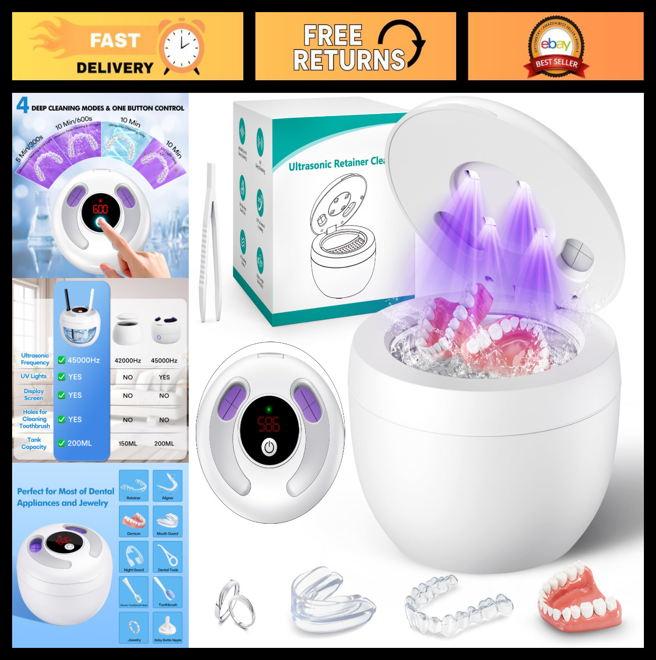 Ultrasonic Cleaner Machine 45kHz for Dentures, Braces, Aligners, Jewelry – 200ML