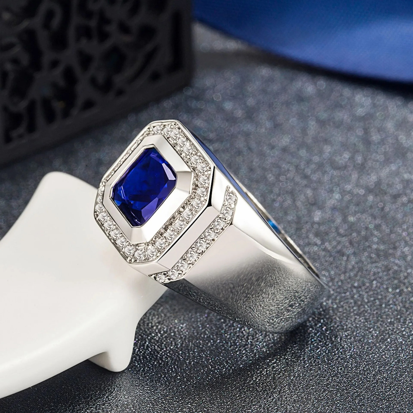 Blue Crystal Ring Silver Color Geometric Tension Mount Wedding Men Jewelry