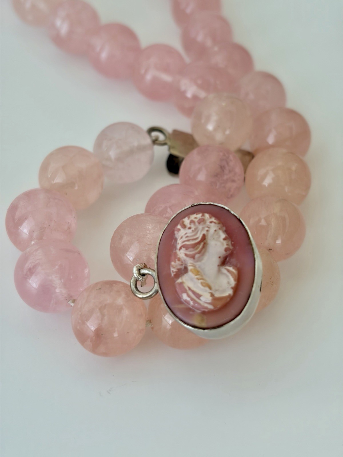Madagascar Rose Quartz Necklace 14mm Silk Knotted 925 Cameo Clasp OOAK VTG