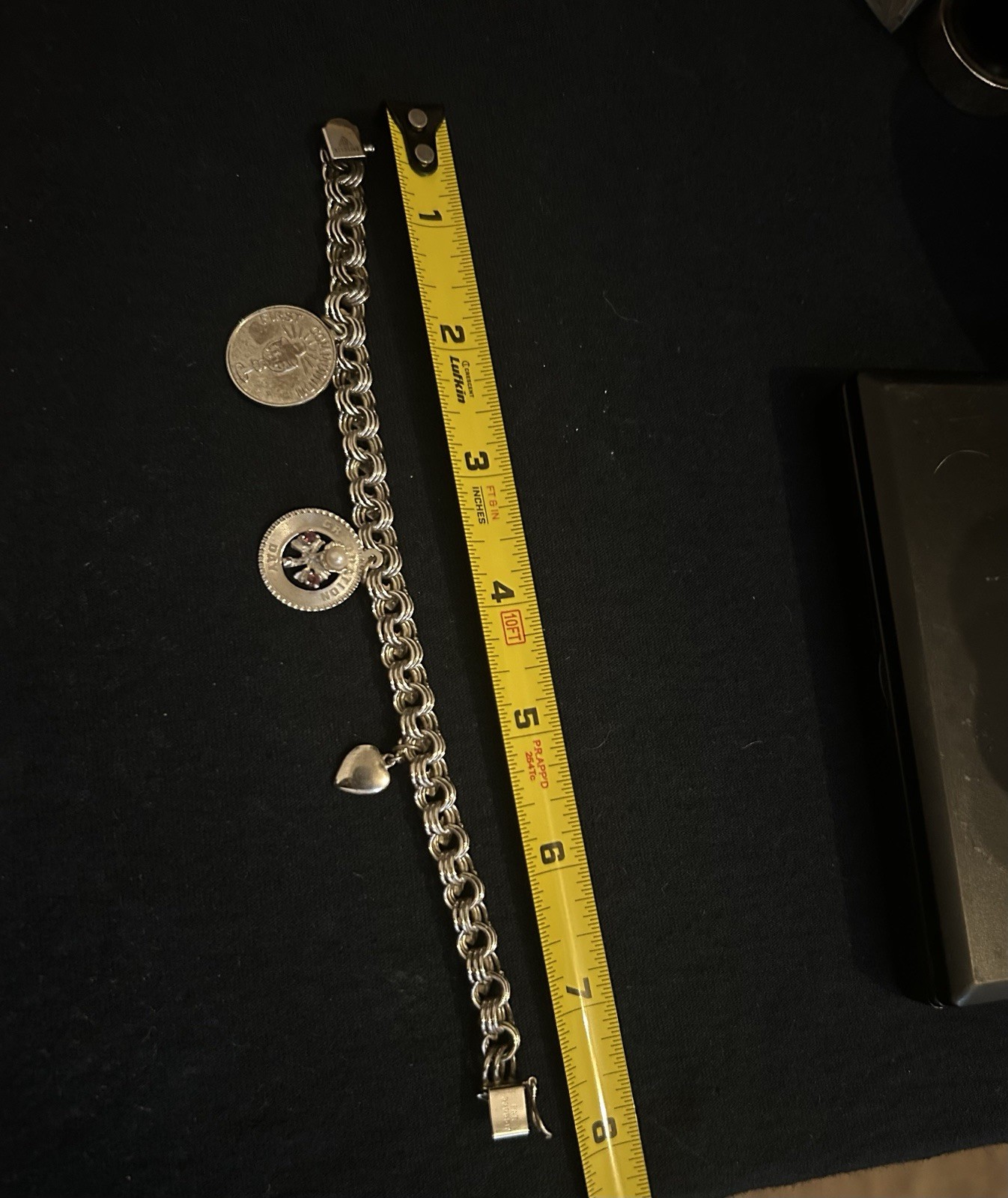Vintage Sterling Silver Curb Link Charm Bracelet w/ Dangle Charms, Pearl 7.5in