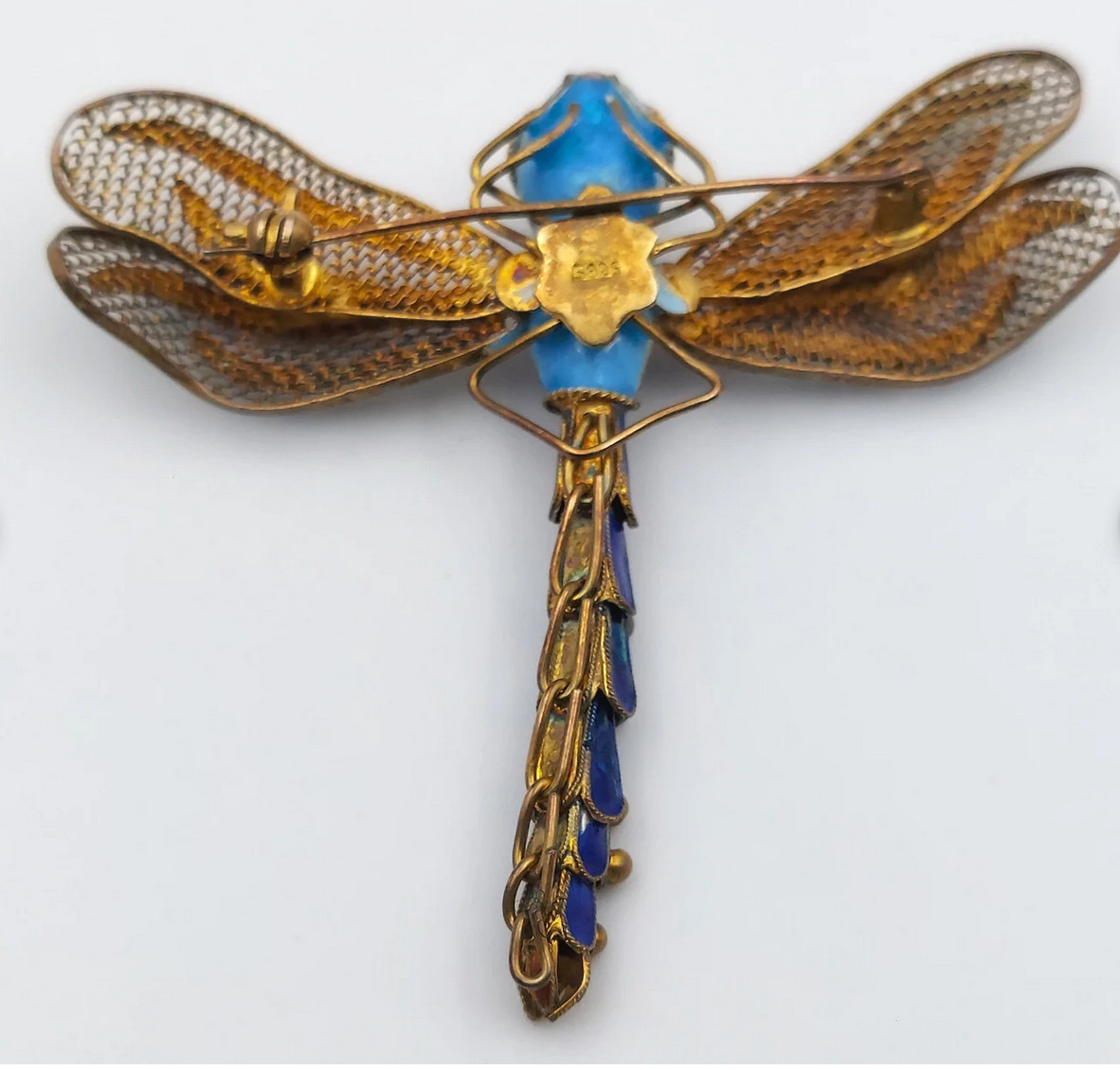 Vtg Chinese Export Silver Filigree Enamel Dragonfly Brooch Pin Turquoise Eyes