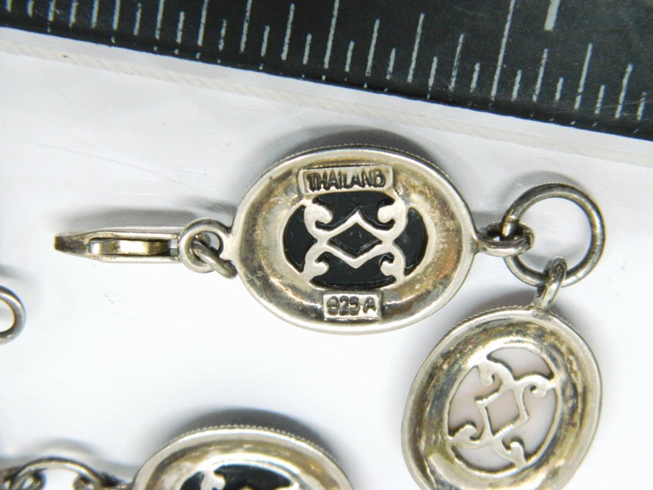 Designer Signed “A” Mother Of Pearl Onyx Marcasite Sterling Silver Bracelet