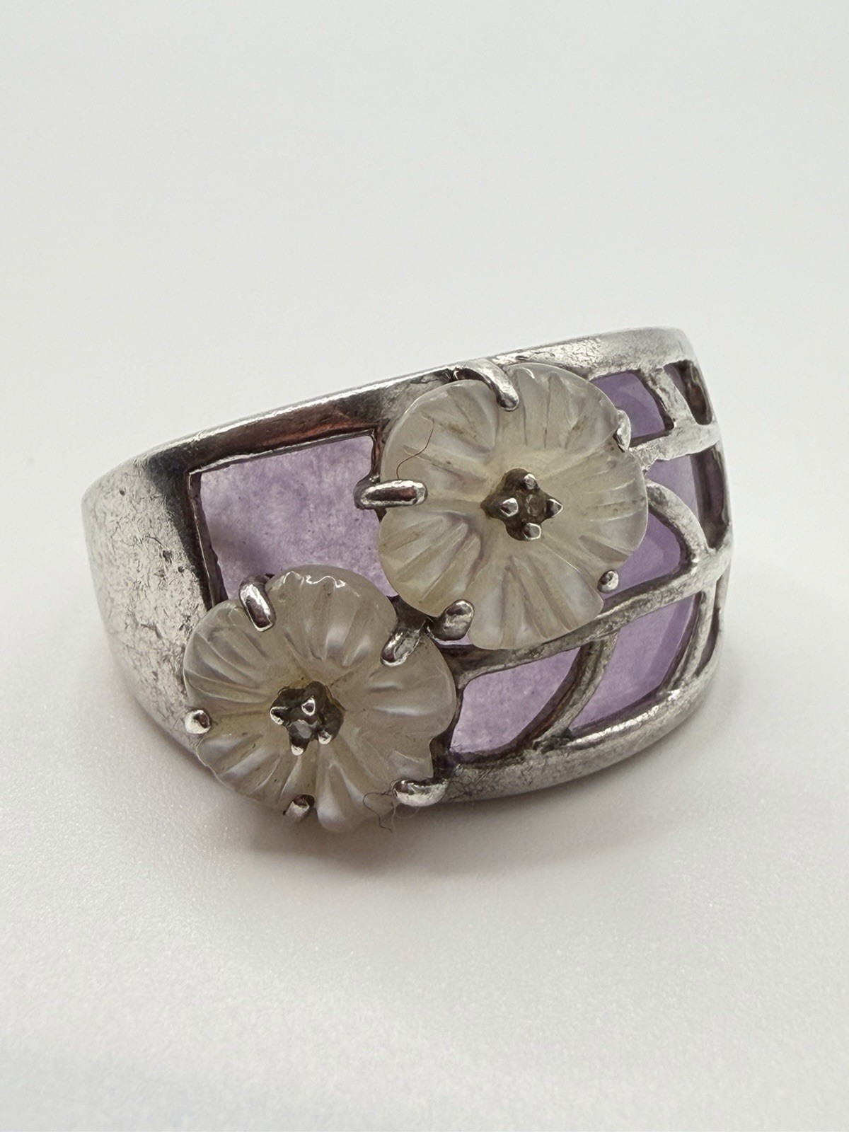 Sterling Silver 925 Amethyst Band With MOP Floral Decor Ring 8.15g, Size 9