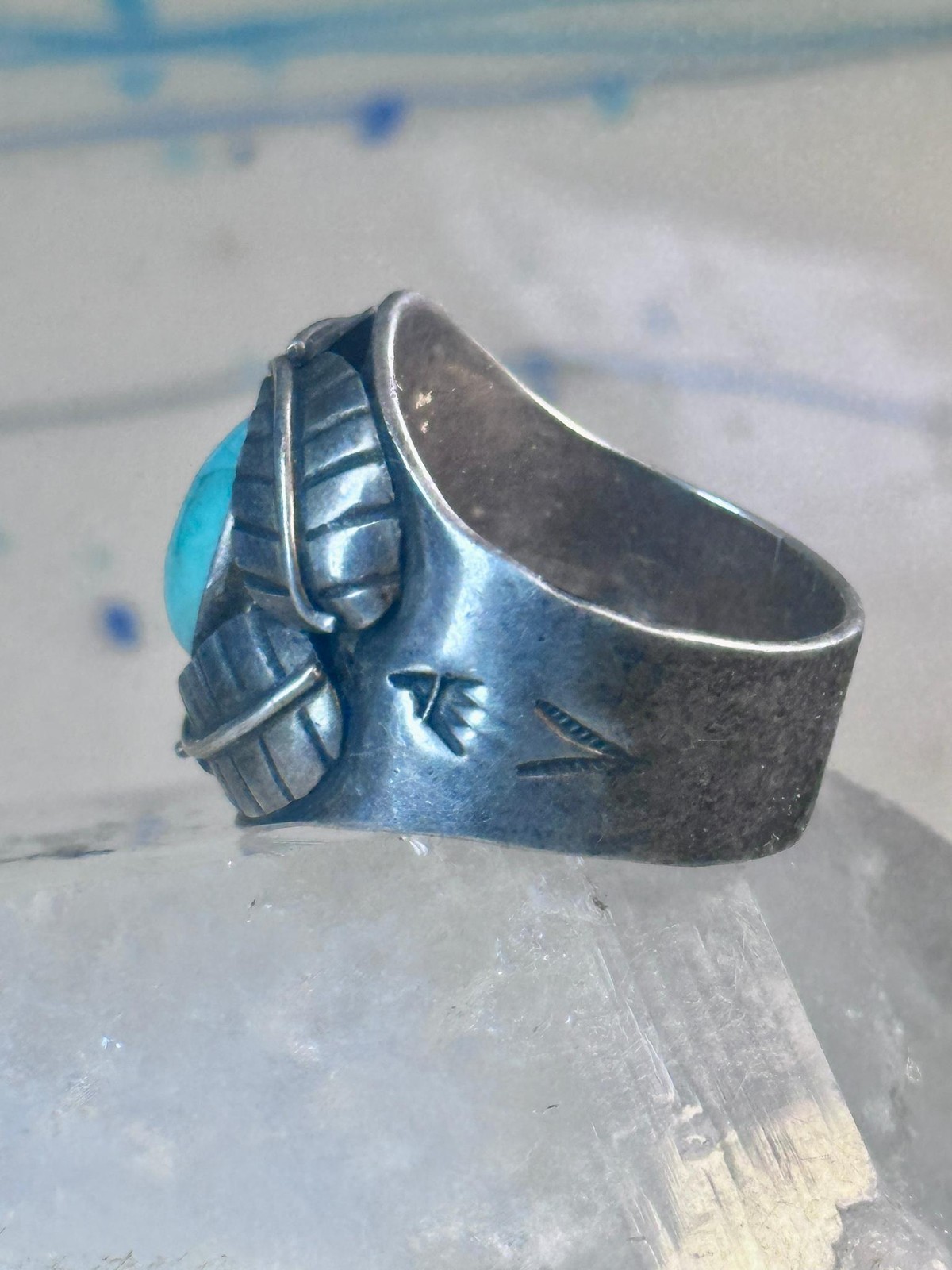 Navajo Ring Turquoise wide band leaves size 10.7 southwest sterling silver women