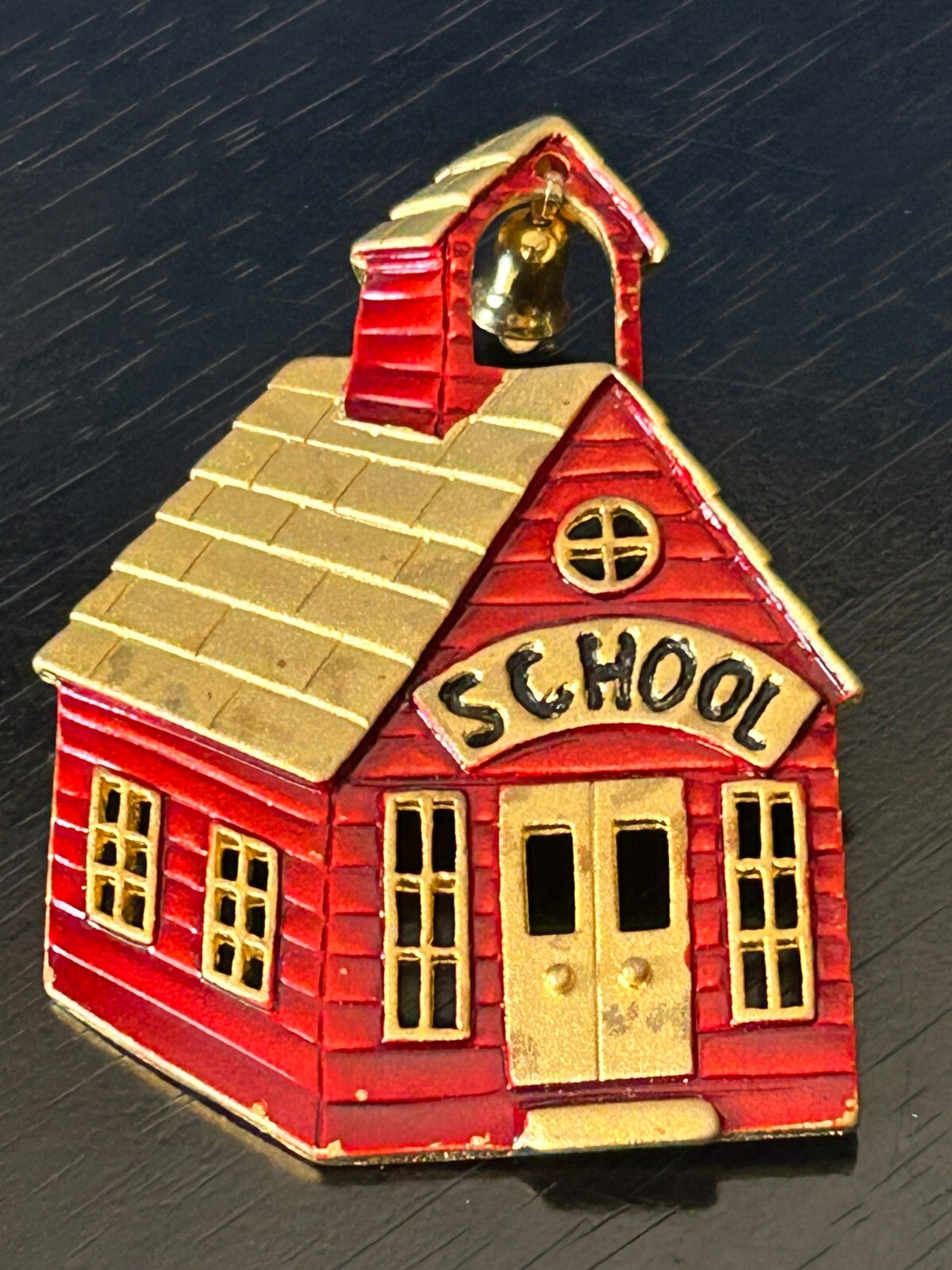 Vintage Signed Tana Red School House Bell Gold Tone Metal Brooch Pin Estate