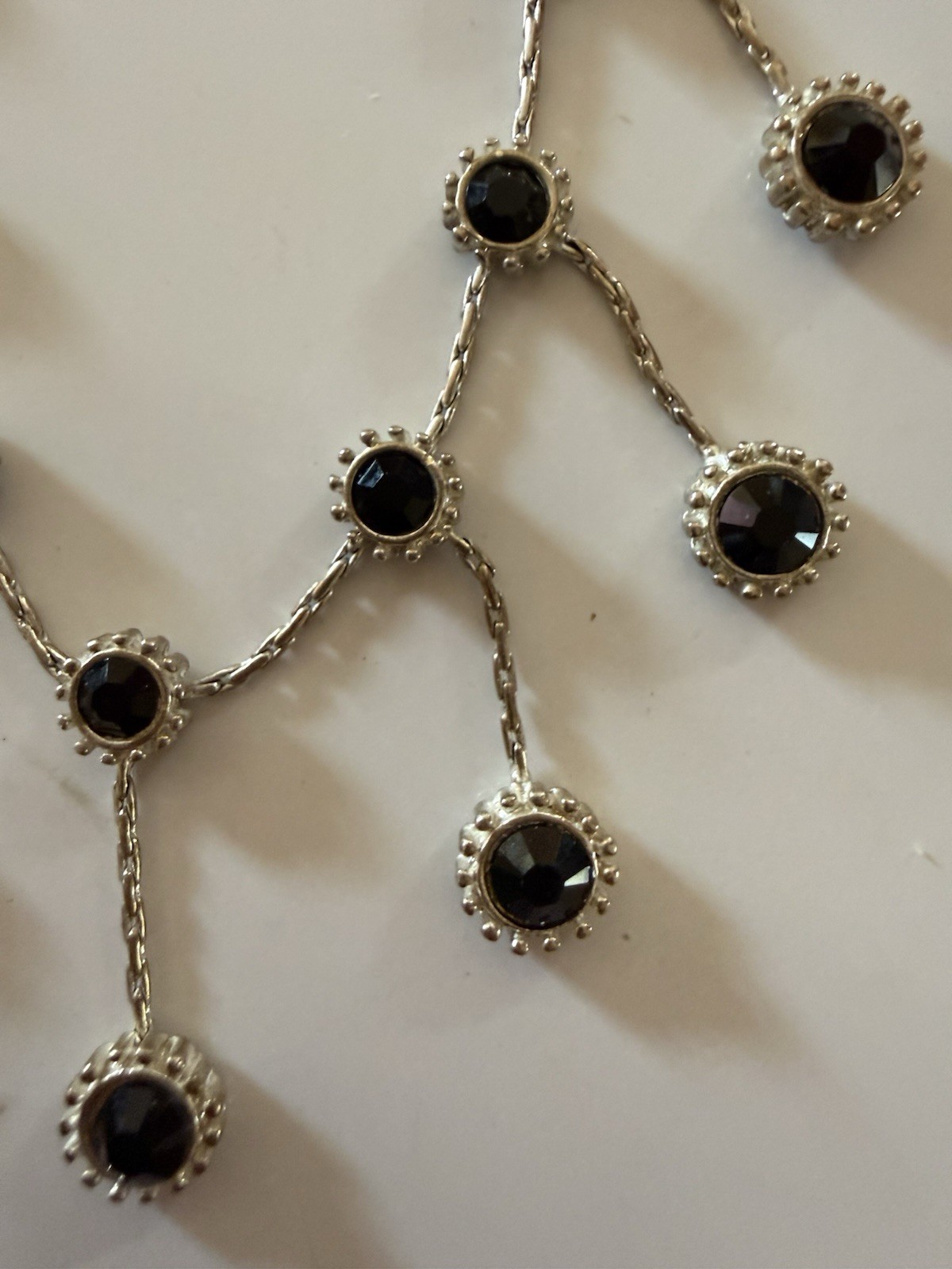 Silver-Tone Rope Chain Necklace, Black Round Crystal, Adjustable Lobster