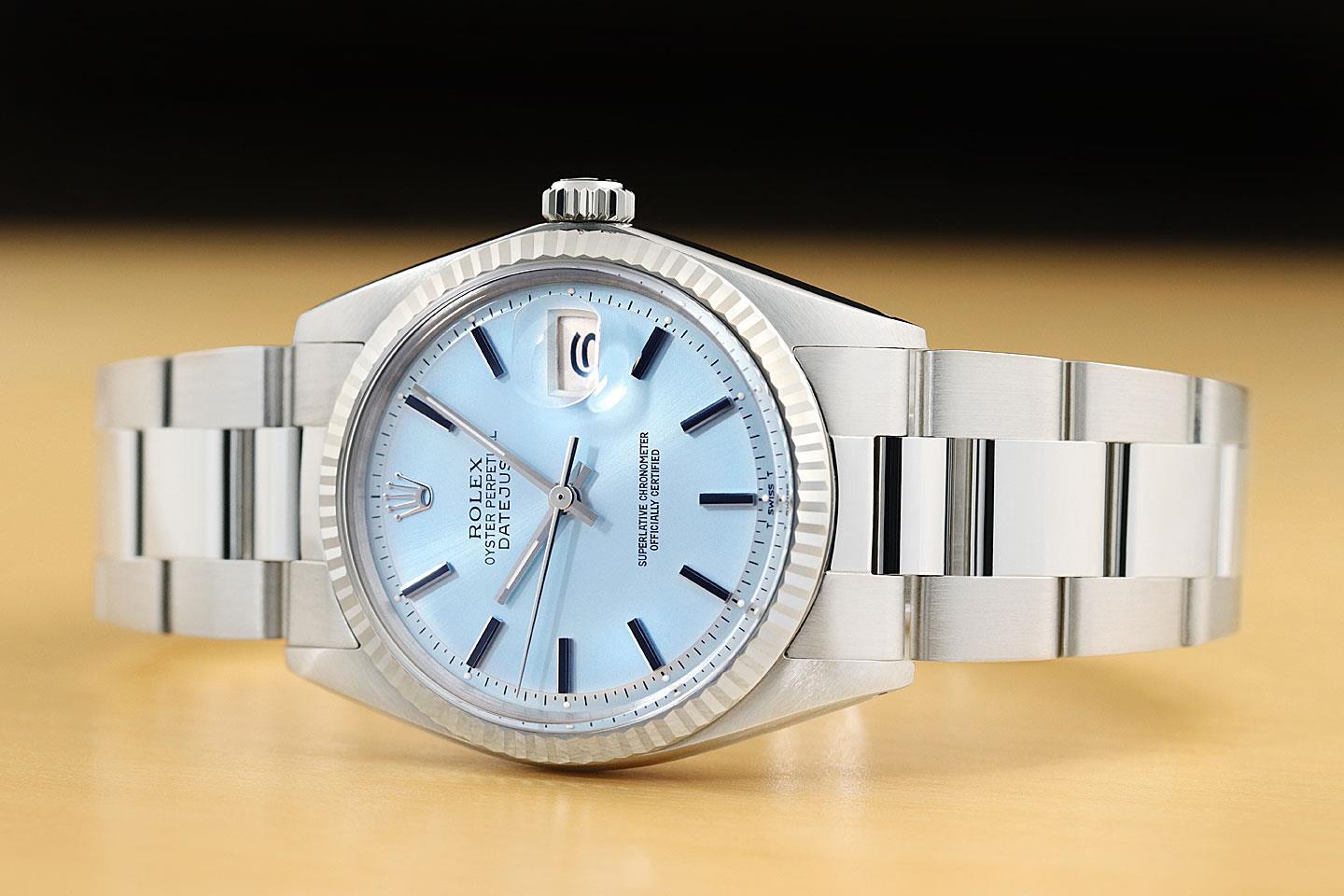 ROLEX MENS DATEJUST 18K WHITE GOLD STAINLESS STEEL ICE BLUE OYSTER WATCH