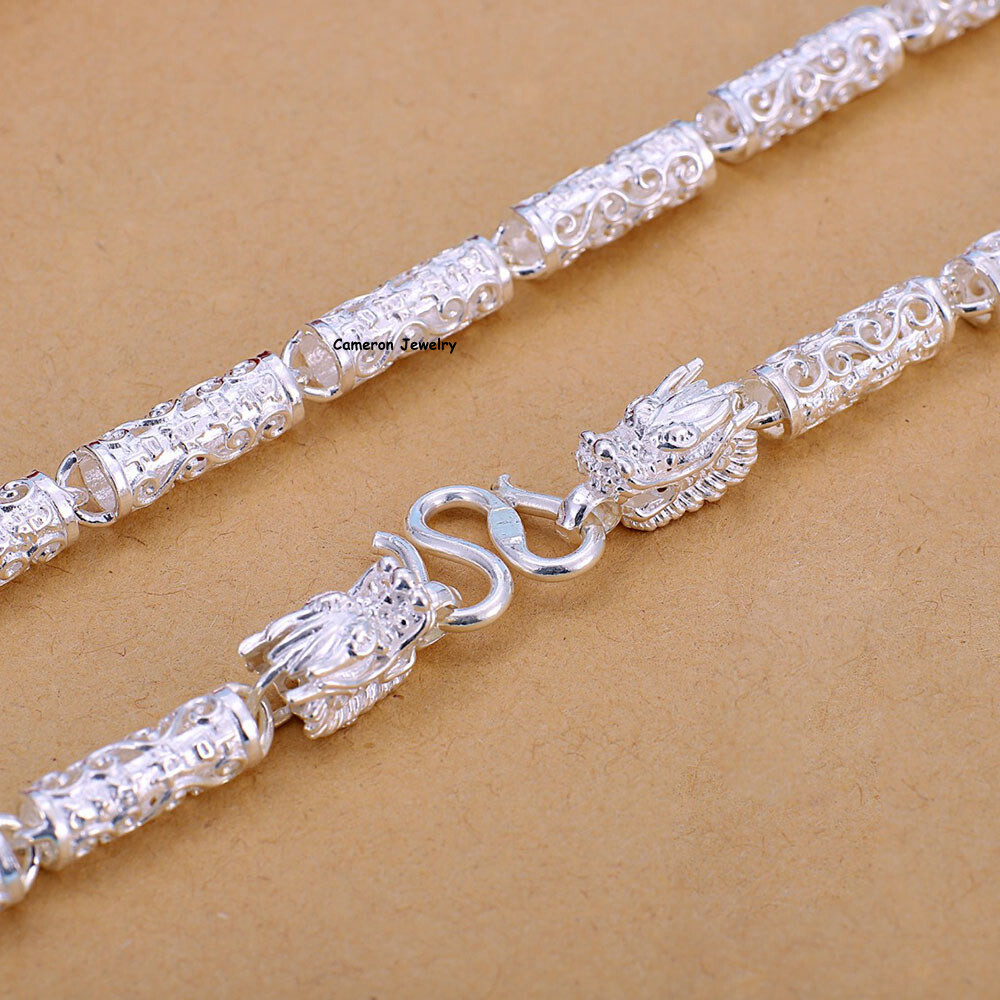 Pure S999 Fine Silver Chain 6mm Dragon Tube Beads Link Necklace 46-47g 23.6inch