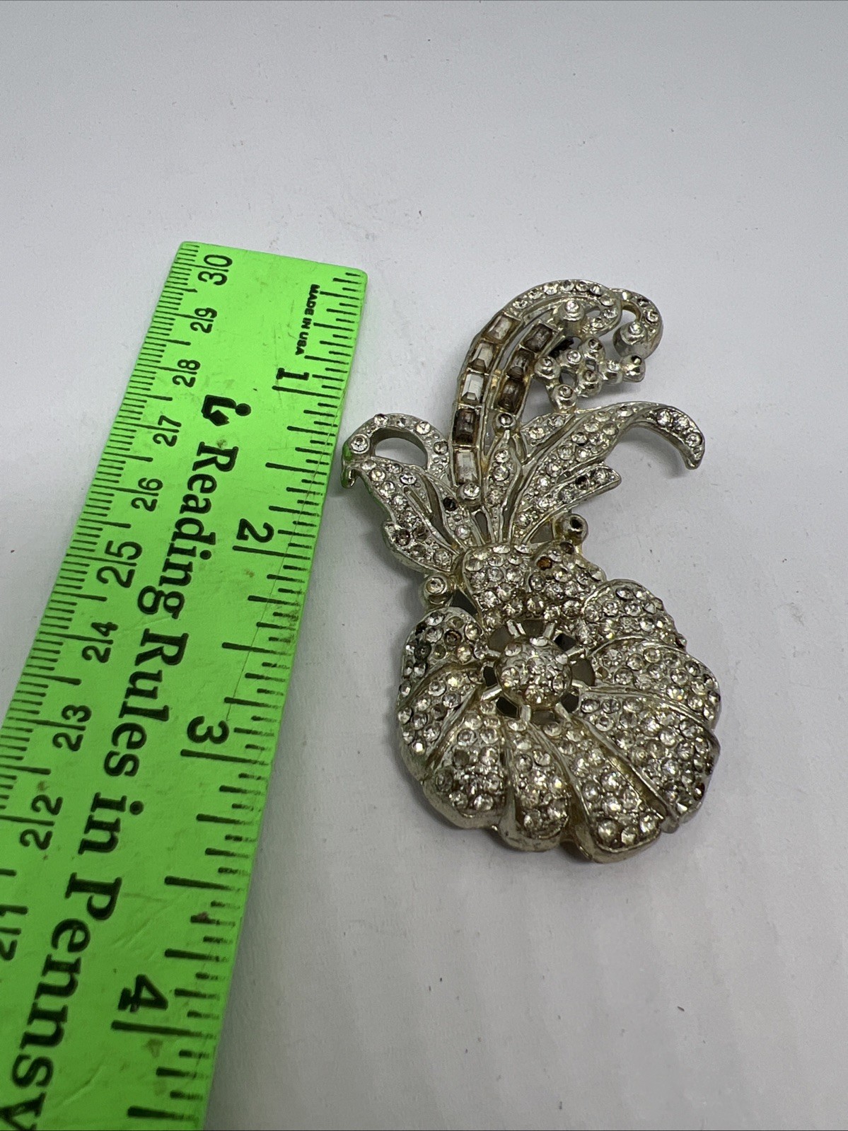 Art Deco Pave Set Clear Rhinestone Flower Brooch 3 1/4 in. Vintage Antique 1920s