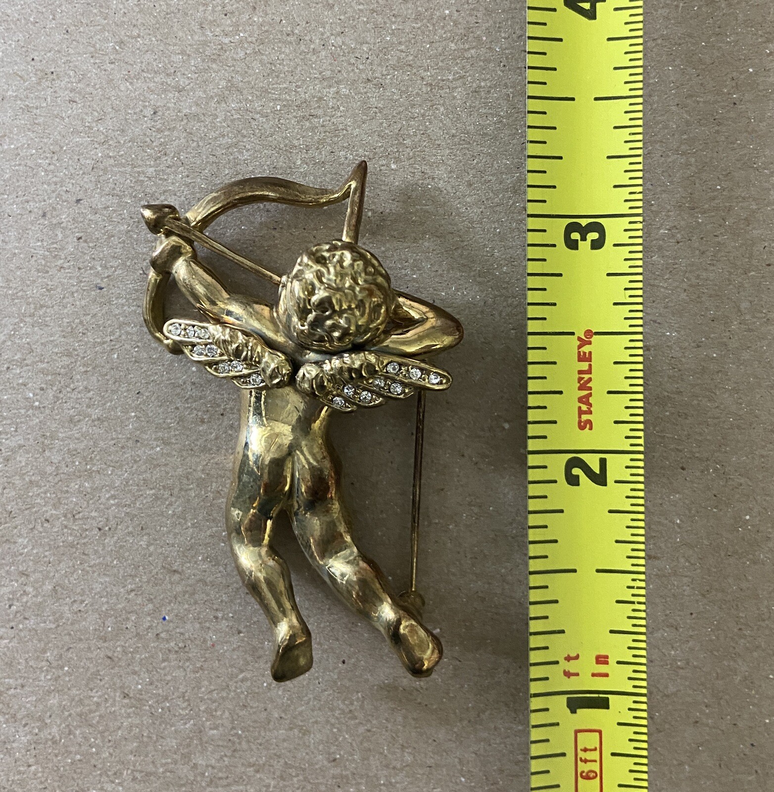 Gold Tone Rhinestone Cupid with Bow Valentine Pin brooch 2 1/8 in Jewelry