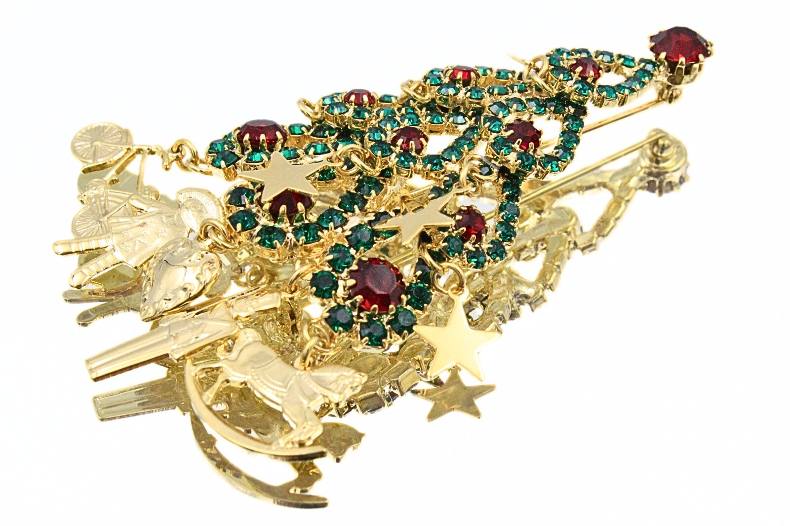 Spectacular Kirks Folly Green Red Gold Christmas Tree Dangling Brooch