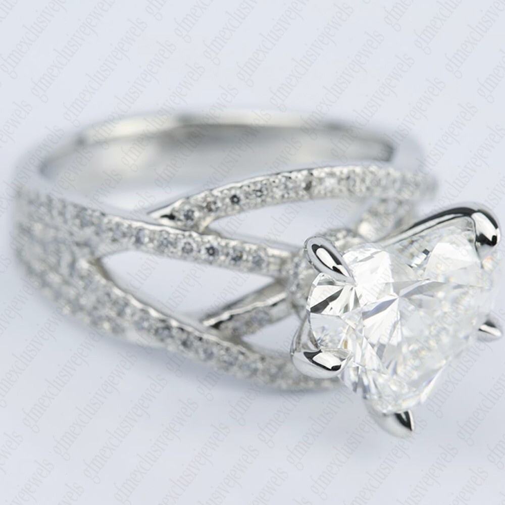 2.56 TCW Heart Cut Moissanite Criss Cross Engagement Ring 14k White Gold Plated