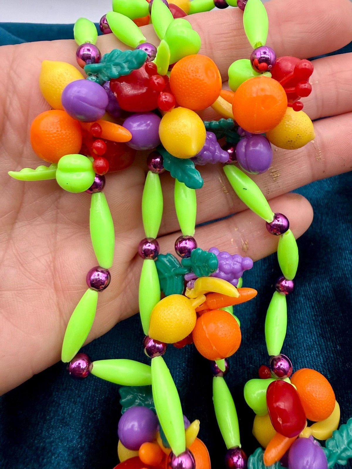 1960s Vintage Lucite Fruit Necklace, Colorful Novelty Beaded Strand Jewelry