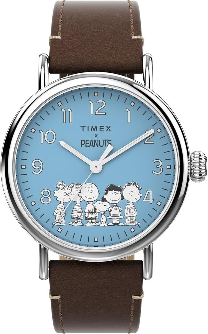 Timex Peanuts Gang Dial Waterbury Blue Brown Leather Quartz Mens WatchTW2V89800