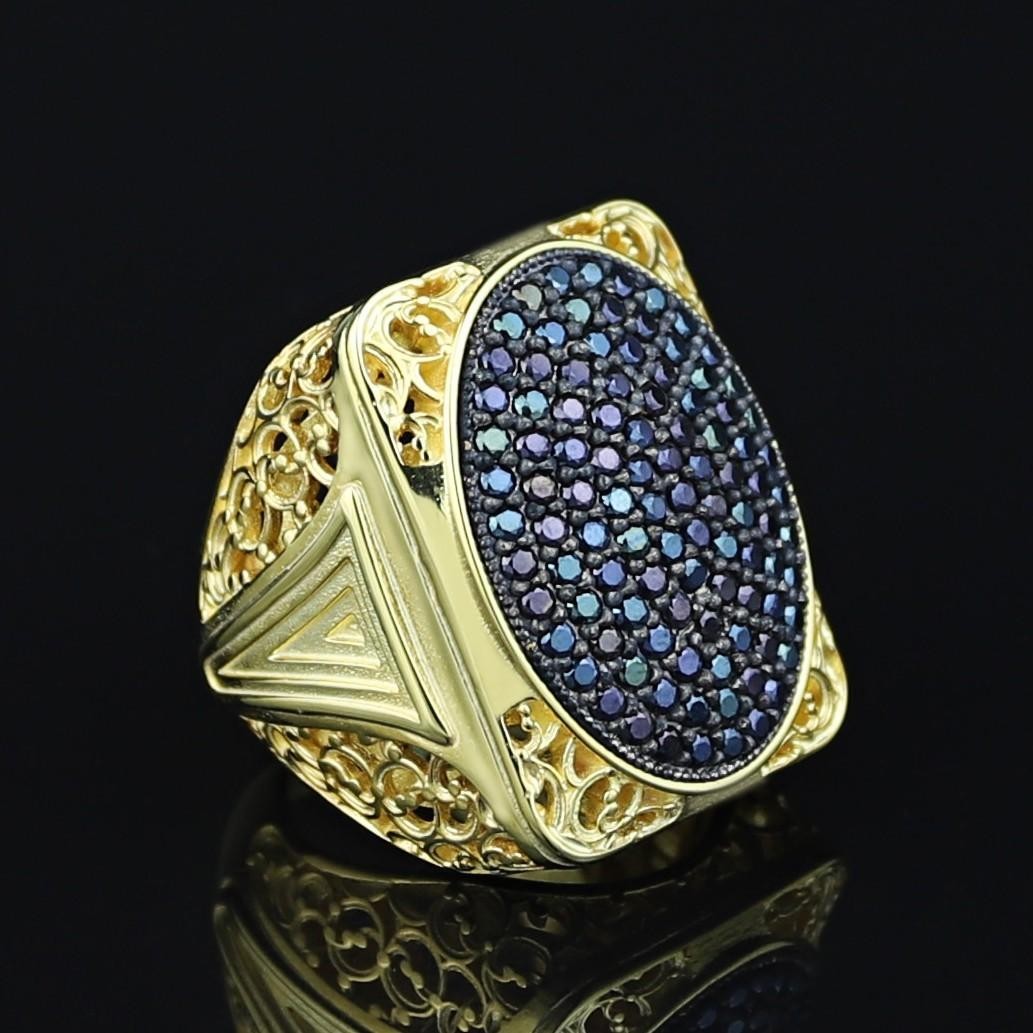 925 Men Silver Gold Black Onyx Handmade Big Ring Men Sterling Silver Ring
