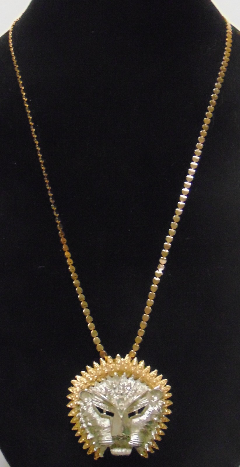 Gold and Silver Tones Lion Head Face Pendant Necklace