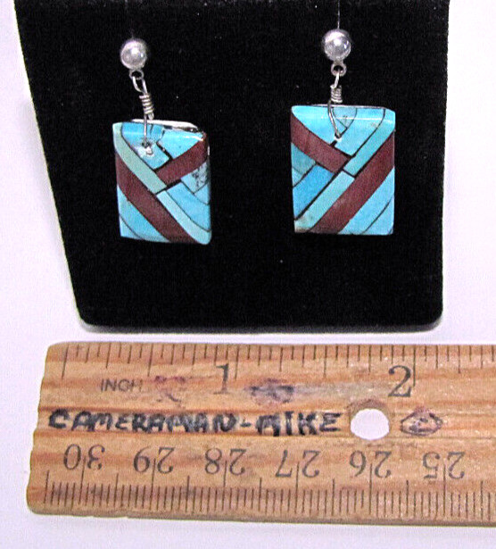 Artisan Earrings Blue Red JLR Drop Dangle Enamel Tile Handmade