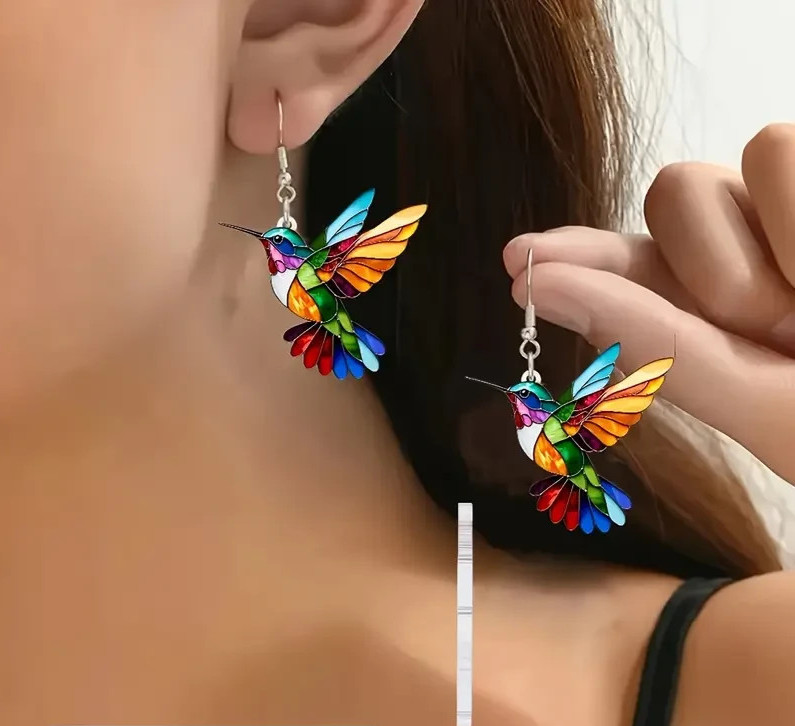 1 Pair, Charming and Cute Colorful Hummingbird Acrylic Earrings
