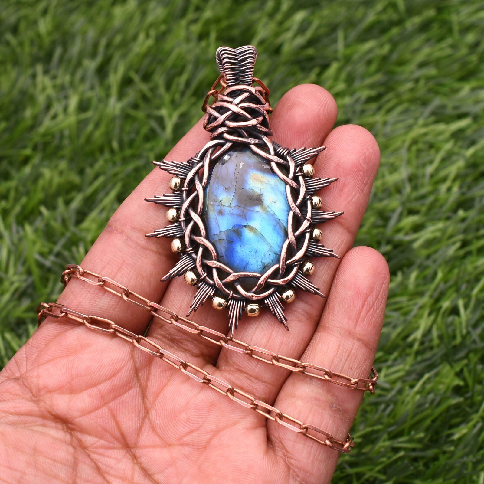 Labradorite Gemstone Copper Wire Wrap Handmade Jewelry Pendant 2.28″