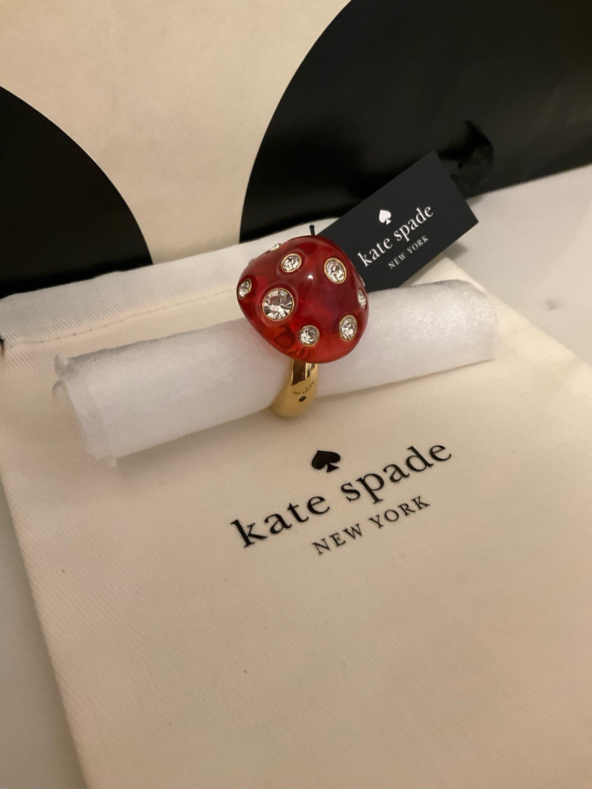 NWT Kate Spade New York Forest Pop Mushroom 12k Gold Plated CZ Crystal Ring Sz 7
