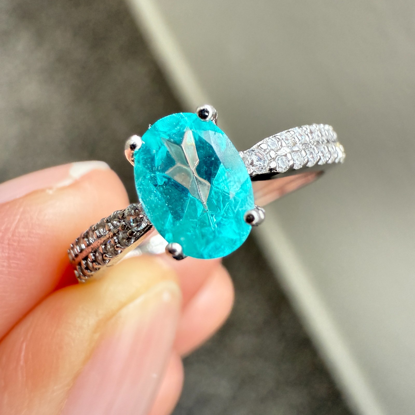925 Sterling Silver Ring 7x5mm Natural Paraiba Topaz Gemstone Zircon Birthstone