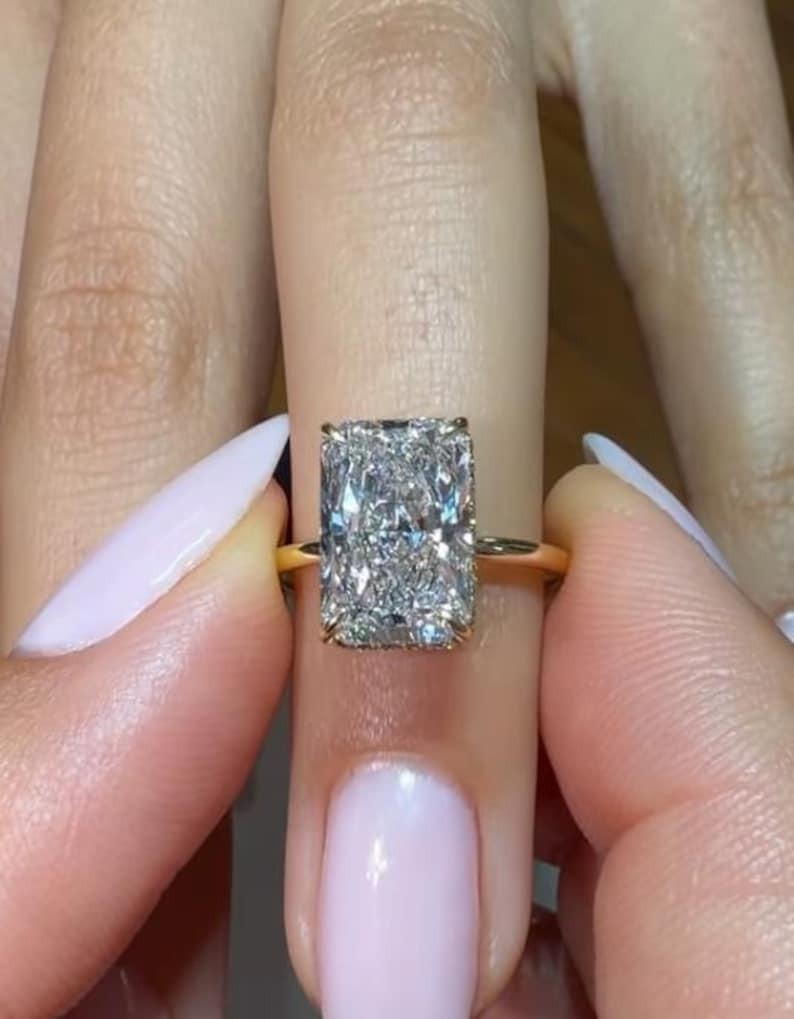 2.0 CT Radiant Cut Moissanite Prong Set 14K Gold Hidden Halo Engagement Ring