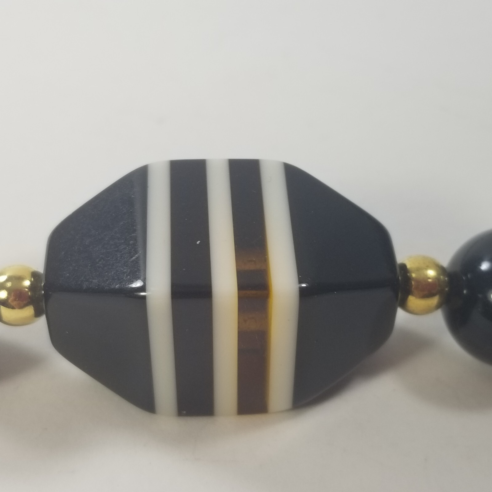 Vintage Brown Black White Gold Tone Spacers beaded Long Necklace
