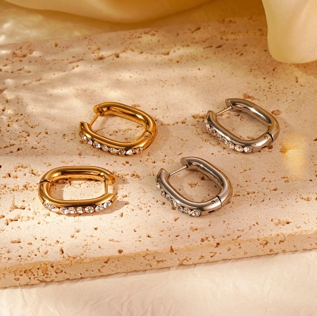 Stainless Steel Huggie Hoop Earring CZ Large Silver Gold