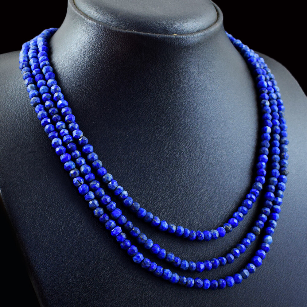 335.00 Cts Natural 3 Line Lapis Lazuli Round Cut Beads Necklace NK 25E114 (RS)