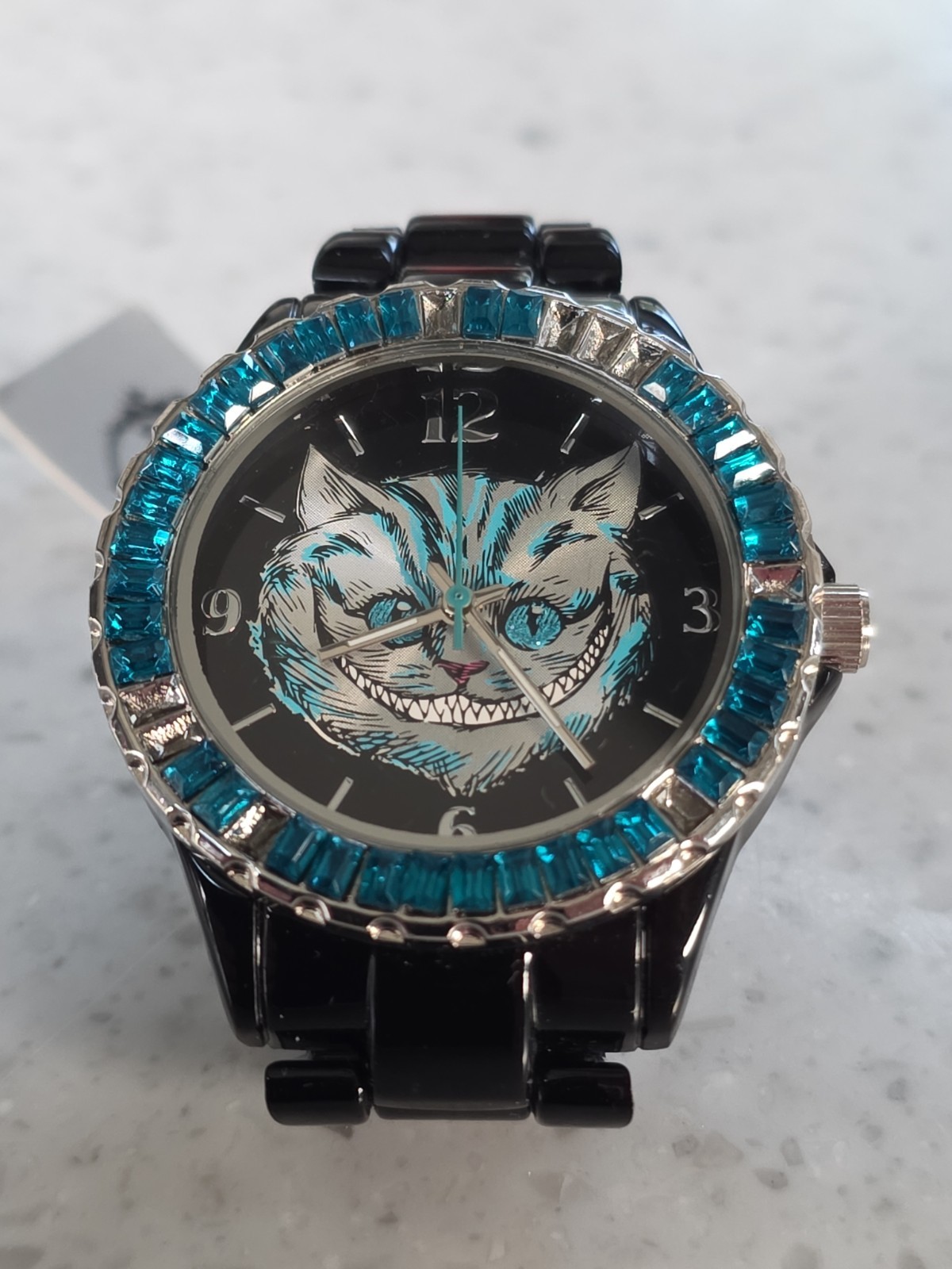 VTG Disney Cheshire Cat Teal Crystal Bezel Accutime Alice In Wonderland W (23C)