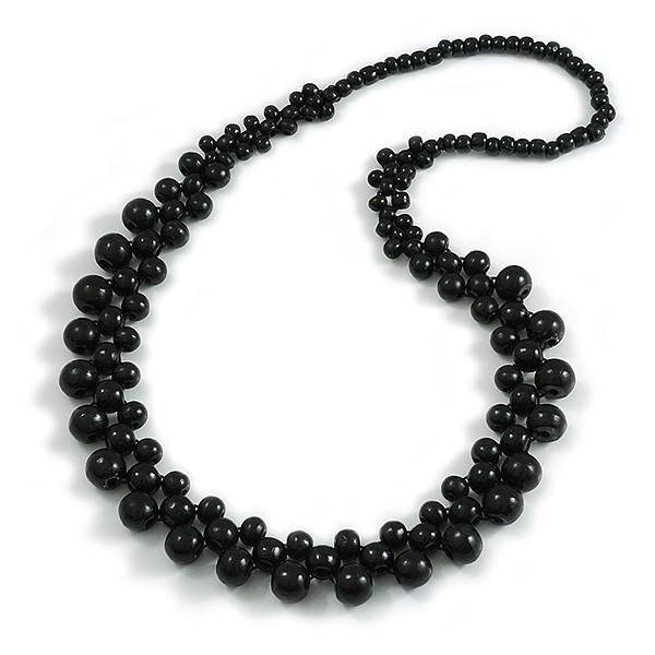 Long Black Cluster Wood Beaded Necklace – 82cm Long