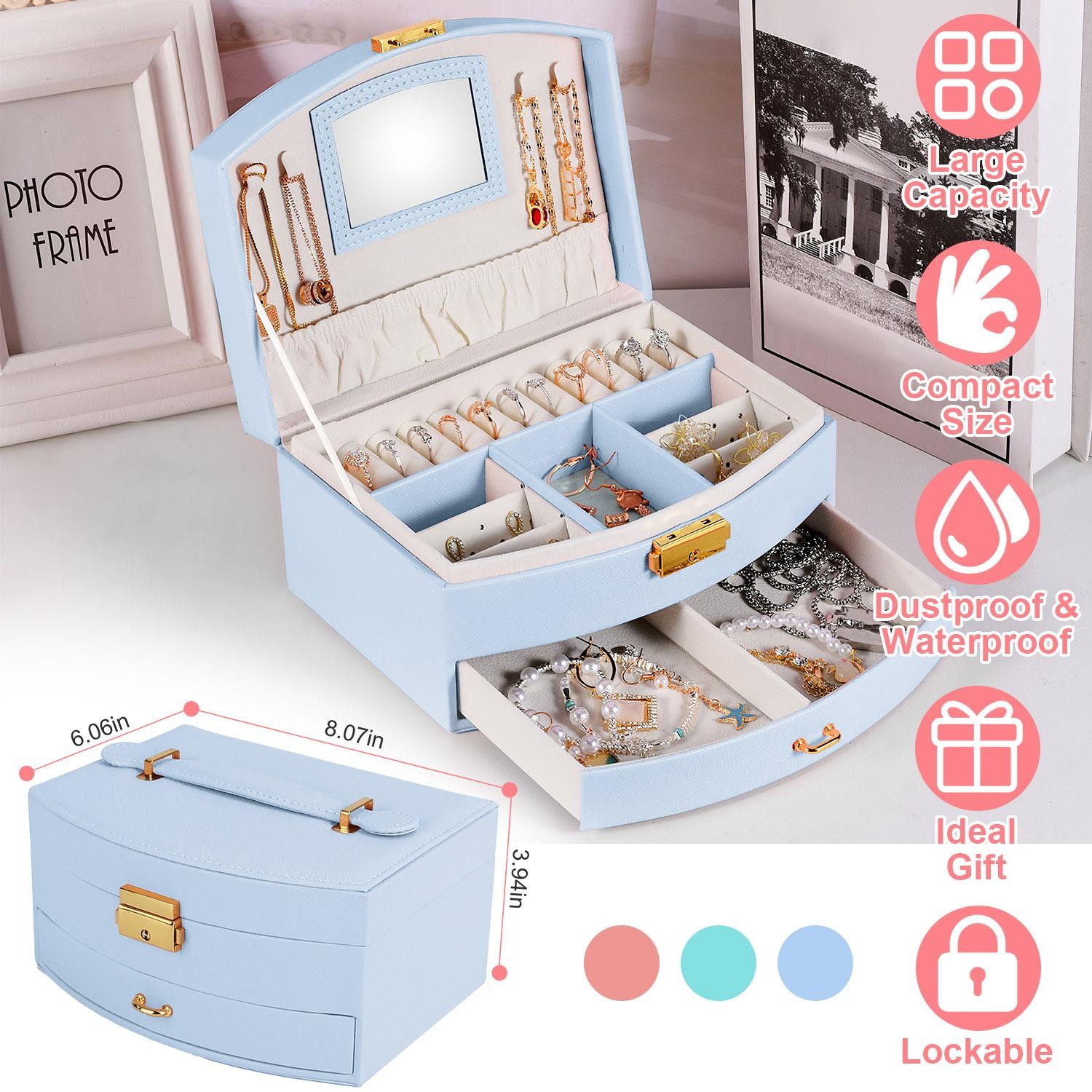 2-Layer Jewelry Box f/ Women Girls Lockable Lear Organizer Travel Case f/ Rings