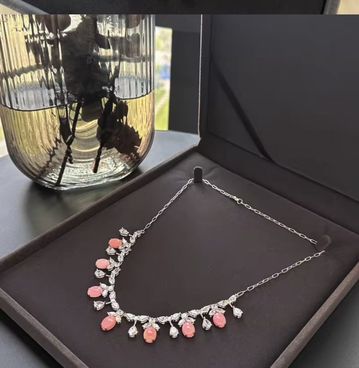 Elegant Natural Pink Conch Pearl Drop Necklace, Lab Diamonds, 925 SS