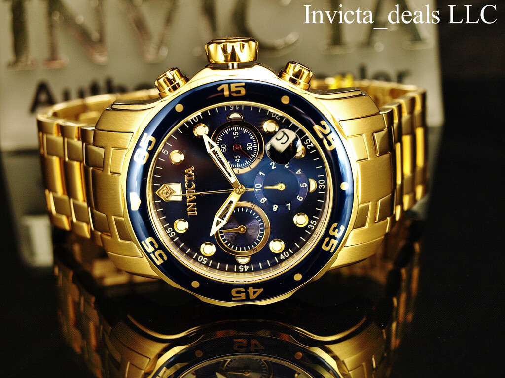 Invicta Men’s 48mm Pro Diver SCUBA Chronograph Blue Dial 18K Gold Plated SS Watc