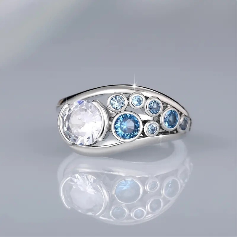 Elegant 925 Sterling Silver Blue White Topaz Wedding Engagement Ring Size 7
