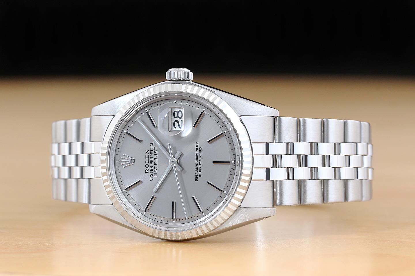ROLEX DATEJUST 1601 18K GOLD STEEL GRAY DIAL WATCH w/ ROLEX FOLDED BRACELET