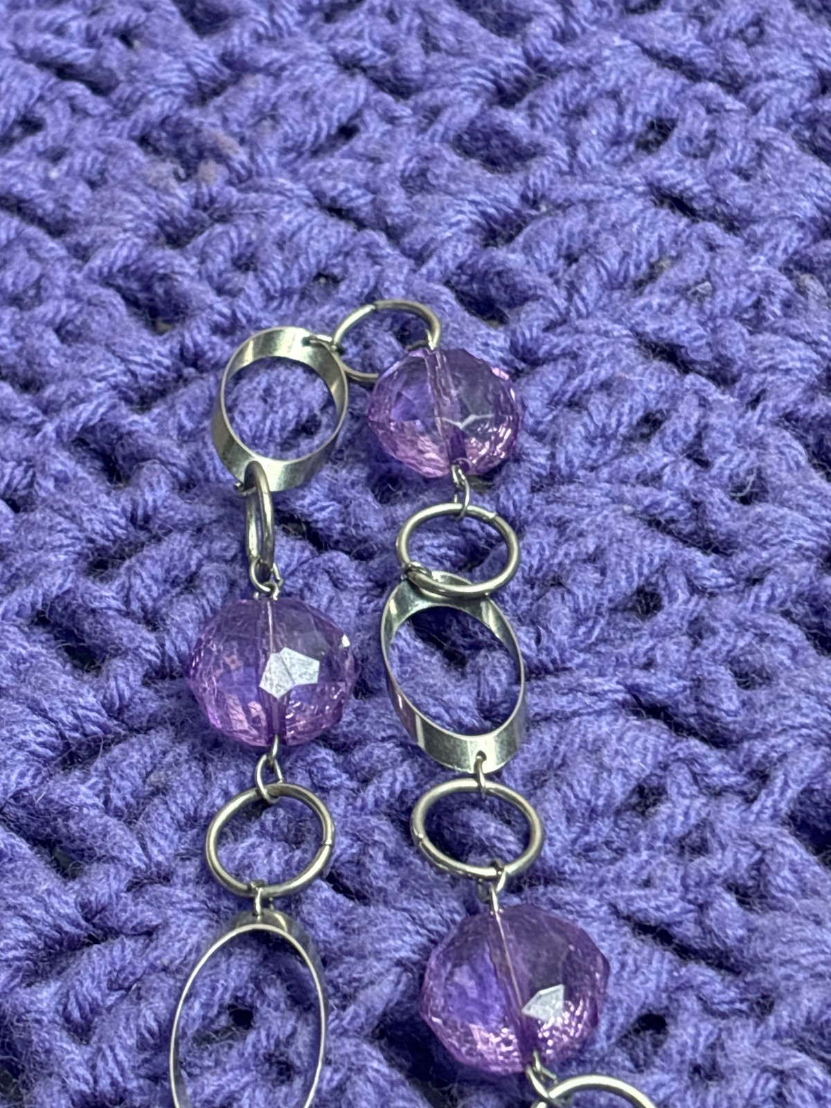 Geometric Silvertone Chain Necklace Purple Plastic Beads No Clasp 33 inches Long
