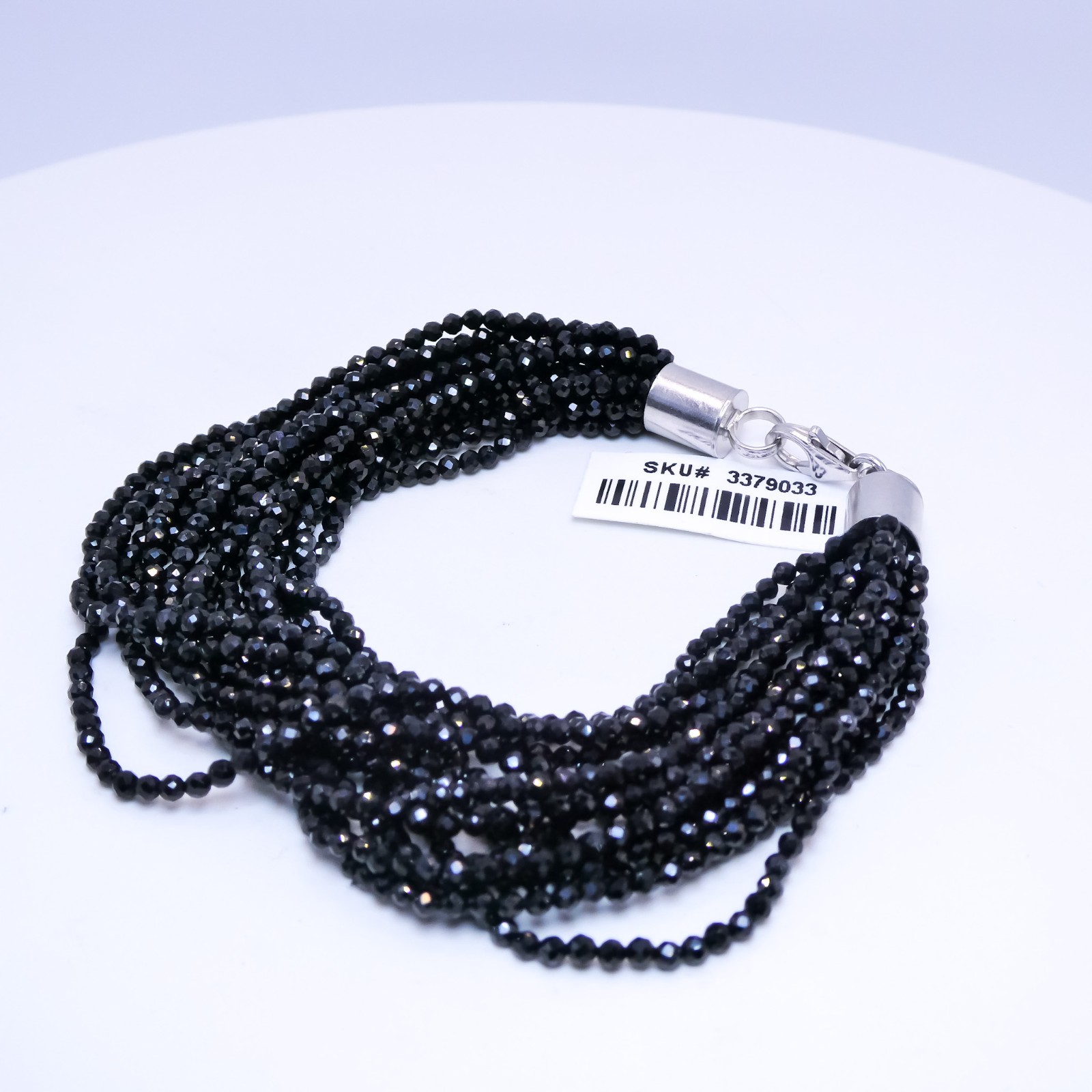 New Sterling Silver Black Spinel 100ctw Faceted Beaded Multi Strand 7″ Bracelet