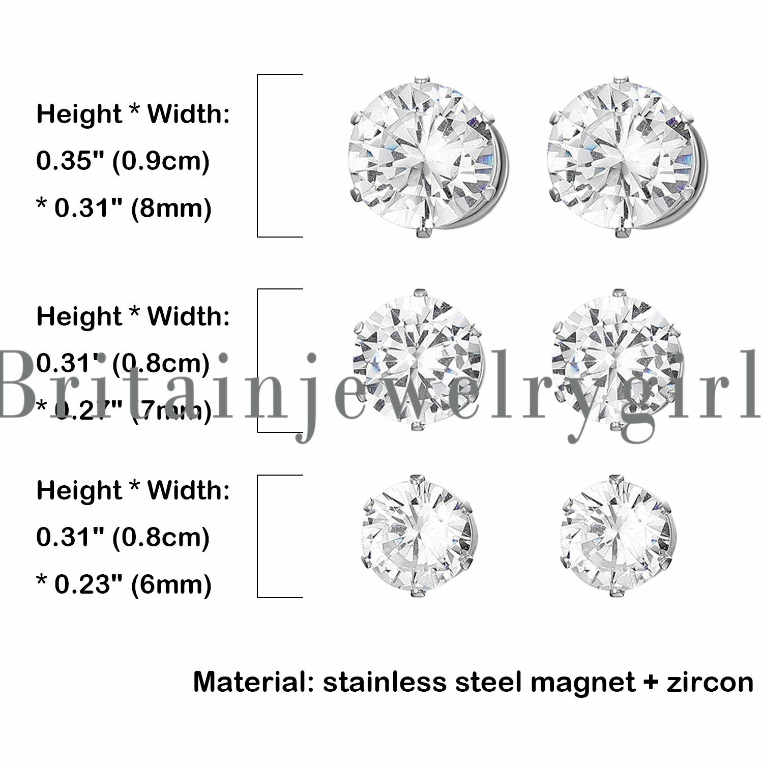 Stainless Steel Magnetic CZ Stud Earrings for Womens Mens Non-Piercing Clip On