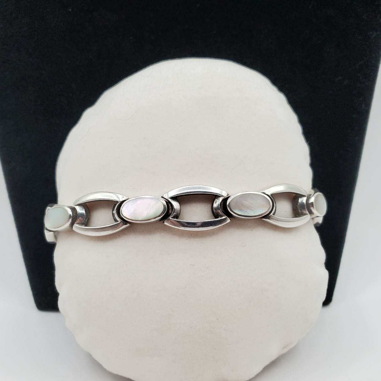 Vtg 925 Sterling Silver Bracelet Mother of Pearl Inlay Link Design 7.5″