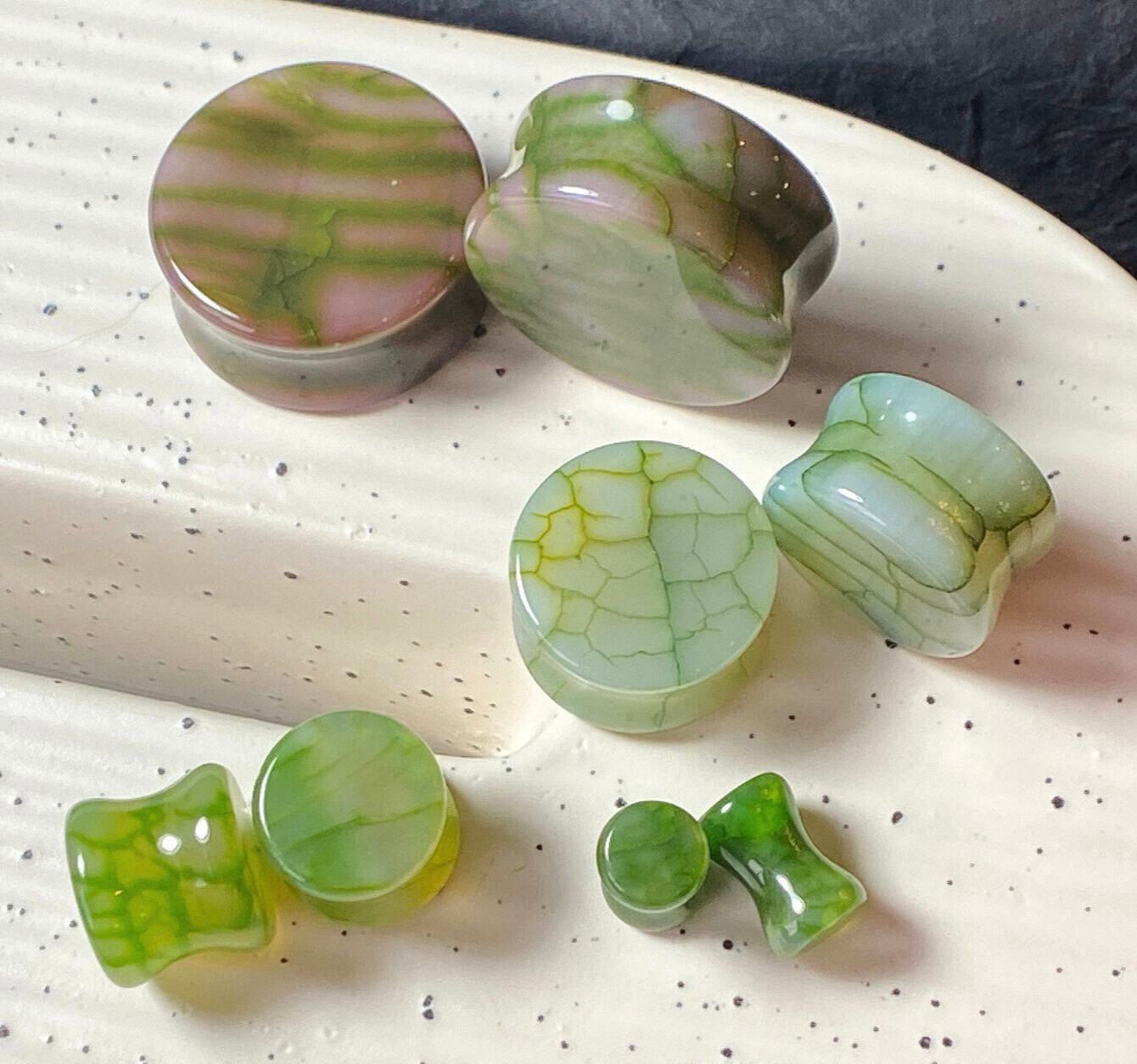 PAIR Green Dragons Vein Agate Stone Double Flare Plugs Organic Earlets Gauges
