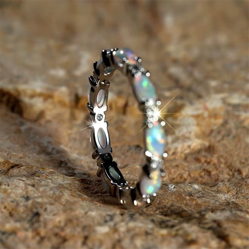 Silver Rose Gold Black Promise Engagement Wedding Opal CZ Zirconia Band Ring R70