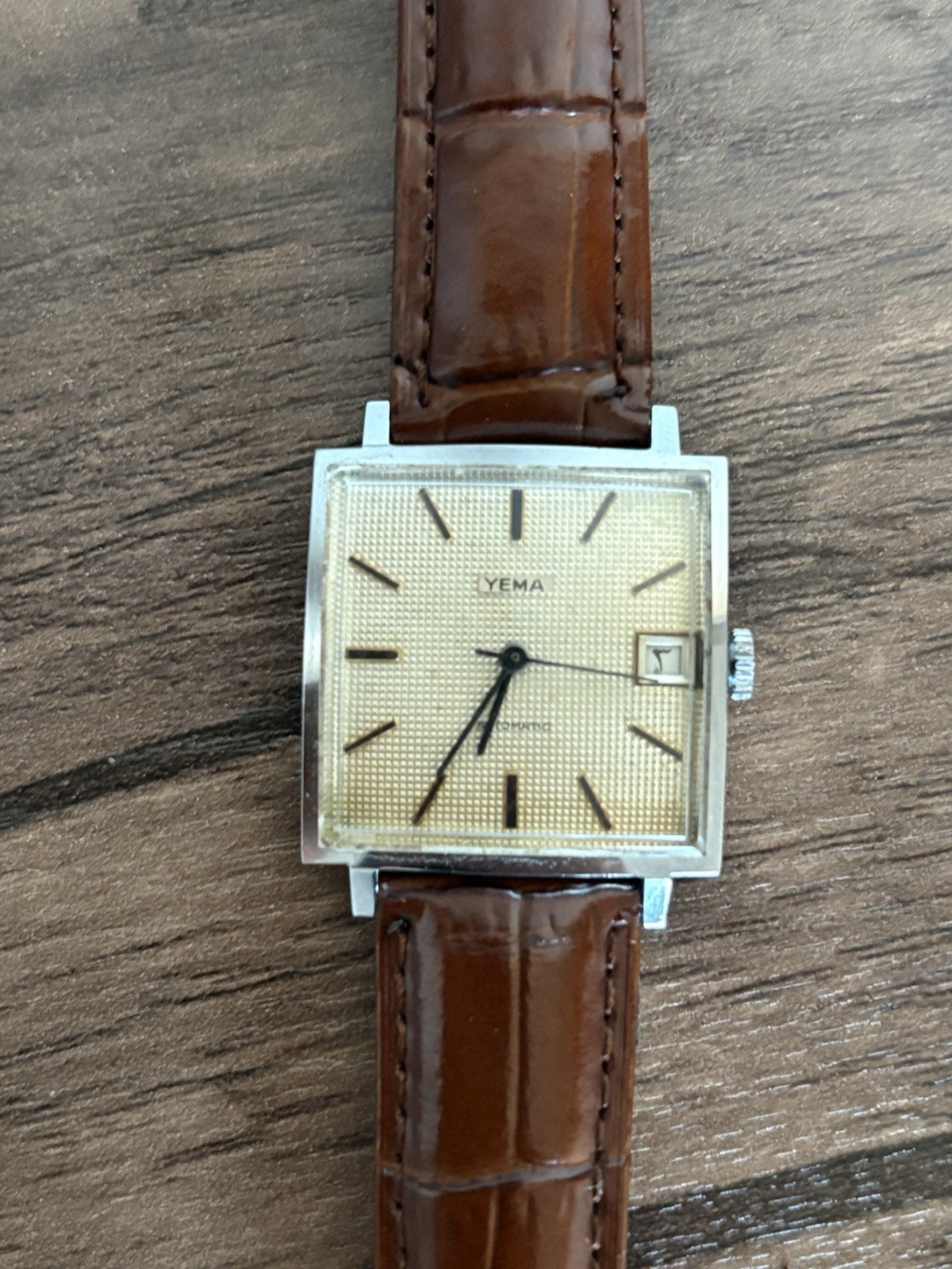 Vintage Yema Automatic Arabic Date Textured Dial Square 29mm Swiss