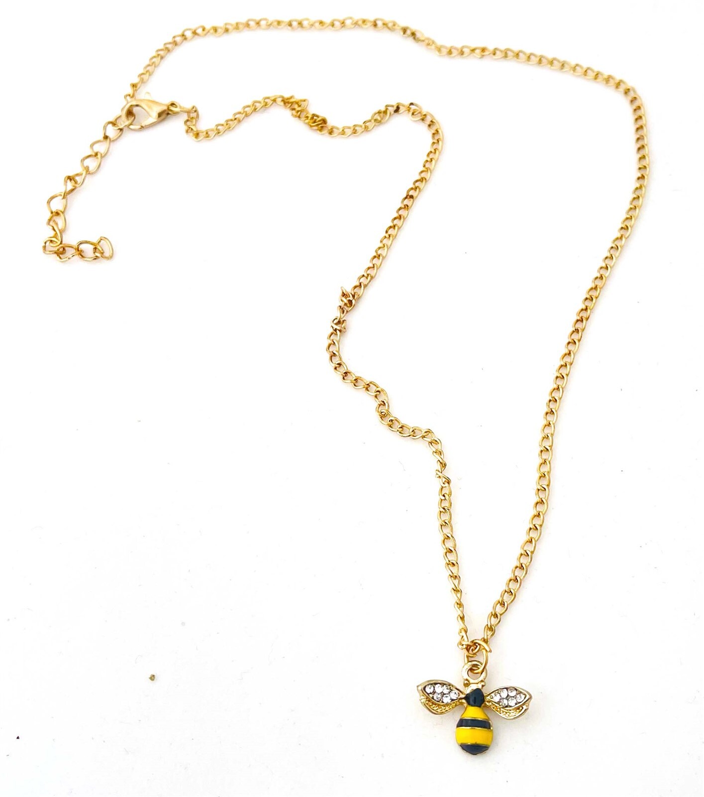 Honey Bee Charm Necklace, Gold Tone Chain Enamel Clear Rhinestone Insect Jewelry